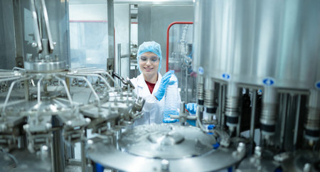 Female quality control worker inspecting water bottle on production line in drinking water factory