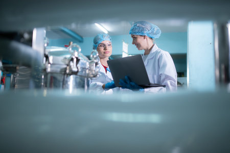 Two young female scientists working with tablet computer in drinking water plantの写真素材