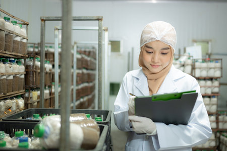 Young asian muslim female scientist doing research at a mushroom factory, examining mushroom...