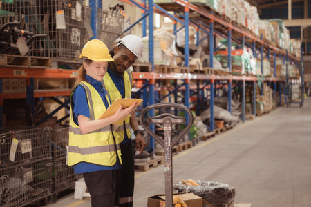 Young man and woman working together in warehouse, This is a freight transportation and distribution warehouse. Industrial and industrial workers conceptの写真素材