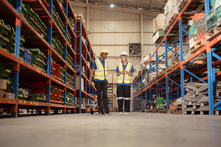 Two warehouse workers pushing a pallet truck in a shipping and distribution warehouse.の写真素材
