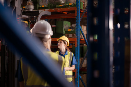 Side view of warehouse workers discussing inspecting goods brought into the warehouse for pre-stocking.の写真素材