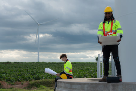 Engineers and technicians work together on the tower base of a large wind turbine with a wind turbine field in the background, The concept of natural energy from wind.の写真素材
