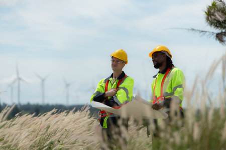 Engineer and technician discussing a solution problem of wind turbine before go in and check wind turbine, The concept of natural energy from wind.の写真素材