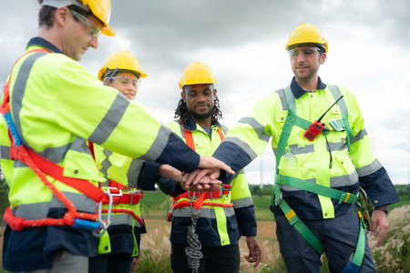 Group of engineers and technicians are discussing and looking at blueprints with wind turbines in the backgroundの写真素材