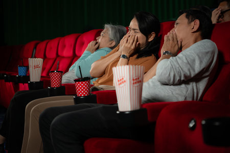 When watching scary ghost movies in theaters, moviegoers appear terrified.の写真素材