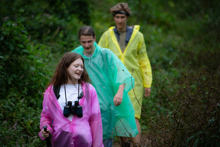 Group of friends in raincoats walking on the forest path, Hiking concept.の写真素材