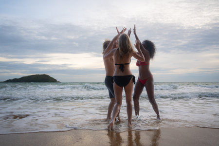 Group of friends having fun on the beach at the sunset time.