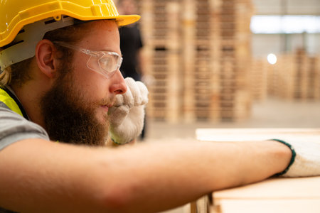 A guy carpenter in a hardhat and glasses inspects a completed work item at a timber industry.の写真素材