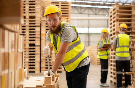 Young workers working in a woodworking factory, Using a hammer to work assembling pallet parts