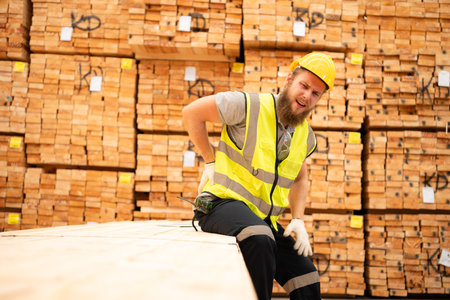 Back pain often occurs with employees who work in warehouses, Because they have to pull, lift, and push goods throughout the day of work.の写真素材