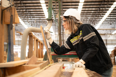 Female carpenter working in a woodworking factory, She is wearing a safety helmet and glasses....