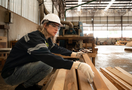 A carpenter works in a carpentry workshop. She collects the wood that passes through the wood angle grinder.の写真素材