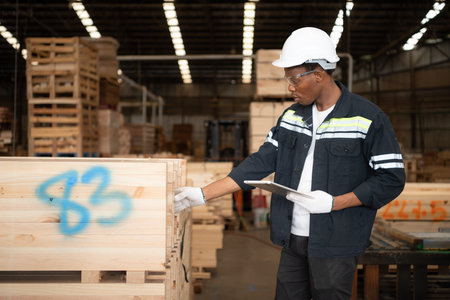 Female carpenter working in a woodworking factory, He is wearing a safety helmet and...
