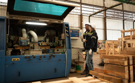 Both workers work in a woodworking factory, Working with wood sawing and cutting machines to produce...