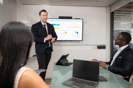 Rear view of two businesspeople having meeting around table in officeの写真素材