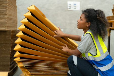 Young female warehouse worker checking and counting cardboard boxes in warehouse.の写真素材