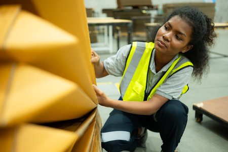 Young female warehouse worker checking and counting cardboard boxes in warehouse.の写真素材