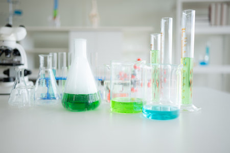 Laboratory glassware with test tubes on table, science backgroundの写真素材