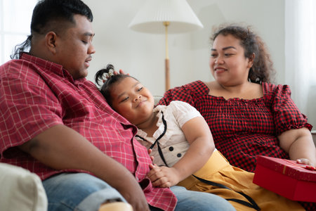A plus size family with a father wearing a prosthetic leg, Give a gift to a daughter who does well in school and receives acclaim from her teachers, in the living room of the house.の写真素材
