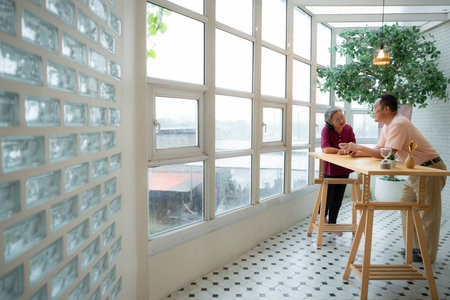 Senior couple talking in the balcony of the house, Happy and smilingの写真素材