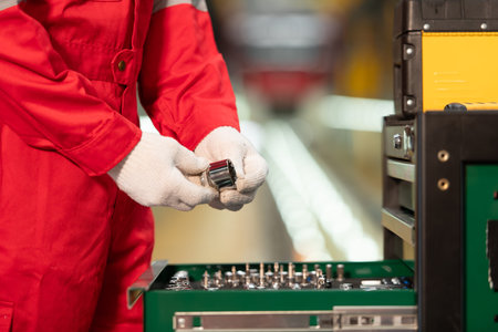 Picture of engineer using repair tools of the electric train industry There is an electric train in...