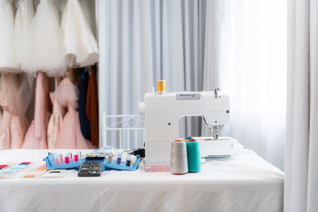 Sewing machine and accessories on the table for the work of a bridal dress tailor