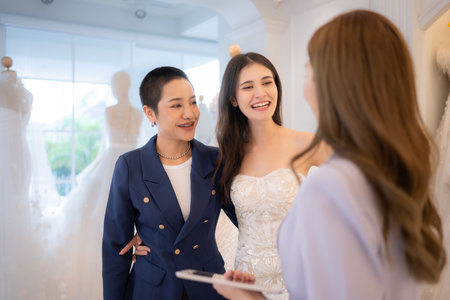 LGBT couples are choosing wedding gowns, with designers advising them on how to make them suitable and lovely for the bride.の写真素材