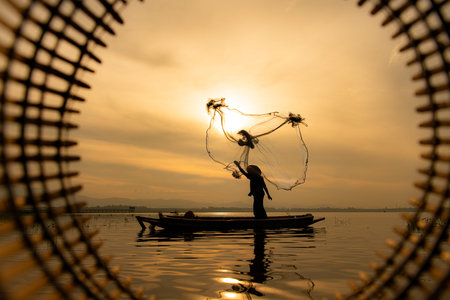 Silhouette of fisherman at sunrise, Standing aboard a rowing boat and casting a net to catch fish...