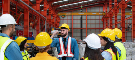Supervisor and group of factory workers wearing hard hats meeting brief together before starting the day's work.の写真素材