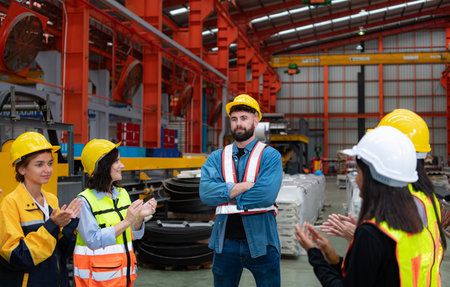 Supervisor and group of factory workers wearing hard hats meeting brief together before starting the day's work.の写真素材