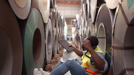 A young man works in a warehouse storing rolls of metal sheet material. Sit down break and wipe off...