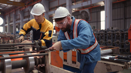 A team of factory technician use a wrench to inspect the conveyor belt of the metal sheet production...