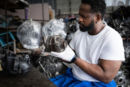 Men repairing car engine in auto repair shop, Selective focus.