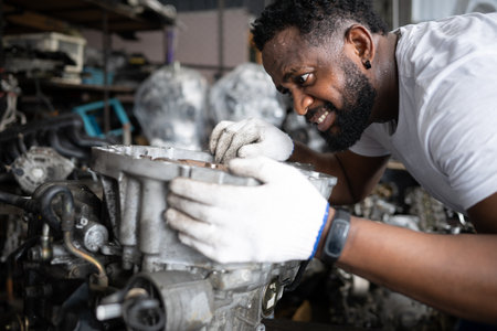 Men repairing car engine in auto repair shop, Selective focus.の写真素材