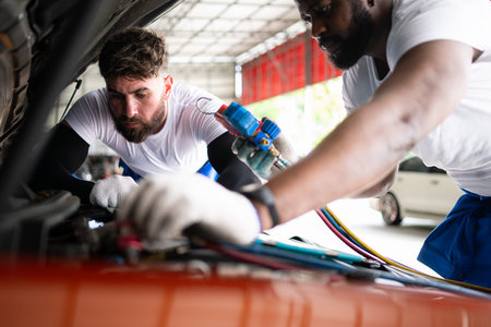 Car mechanic working in an auto repair shop, inspecting the operation of the car's air conditioner and refrigerant.の写真素材