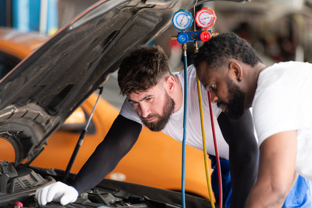 Car mechanic working in an auto repair shop, inspecting the operation of the car's air conditioner and refrigerant.の写真素材
