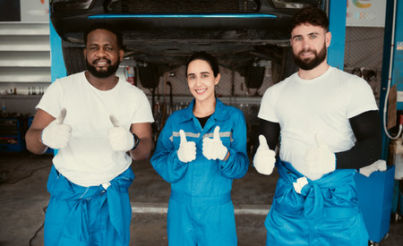 Portrait of smiling mechanics standing in auto repair shop and showing thumbs upの写真素材