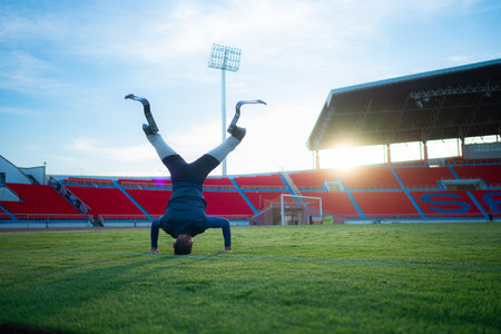 Athletes with disabilities take a break at the stadium between training sessions.の写真素材
