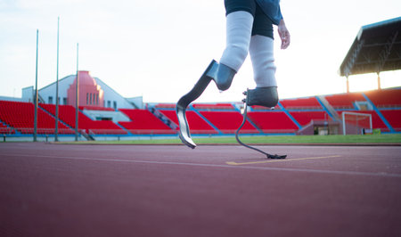 Disabled athletes with running blade used for short races on a running track.の写真素材