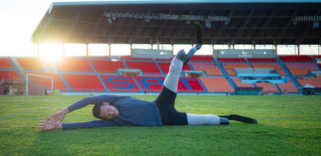 Athletes with disabilities take a break at the stadium between training sessions.の写真素材