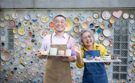 A senior Asian couple enjoys their own hand-painted pottery.の写真素材