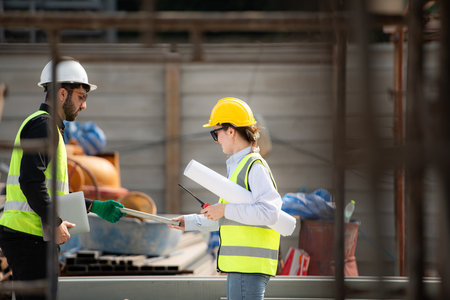Engineer and architect working on the construction site, double-checking plans and process.の写真素材