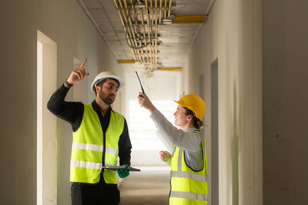 Male and female engineers working on construction site, they are monitoring the building's electrical system.の写真素材