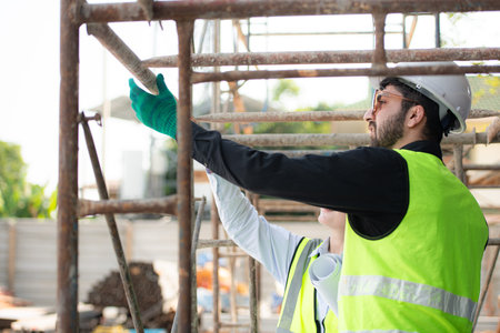 Engineer and architect working on the construction site, double-checking plans and process.