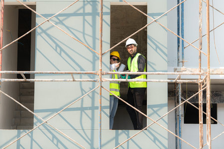 Engineer and architect working on the construction site, double-checking plans and process.