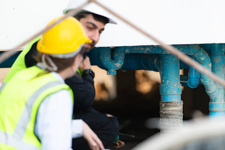 Architect and engineer with experience in multi-story building construction, Inspecting the water system in a construction building.の写真素材