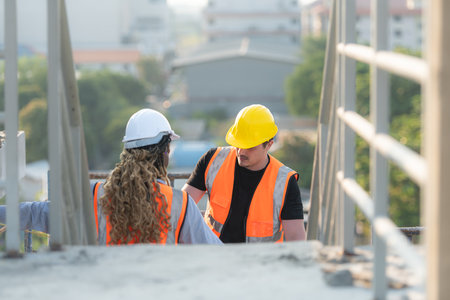 Male and female engineers working on construction site, They are inspecting the cement plaster work on the walls and balconies of the building.の写真素材