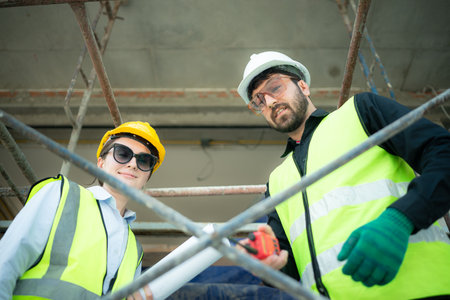 Engineer and architect working on the construction site, double-checking plans and process.の写真素材