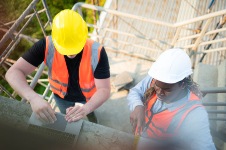 Male and female engineers working on construction site, They are inspecting the cement plaster work on the walls and balconies of the building.の写真素材